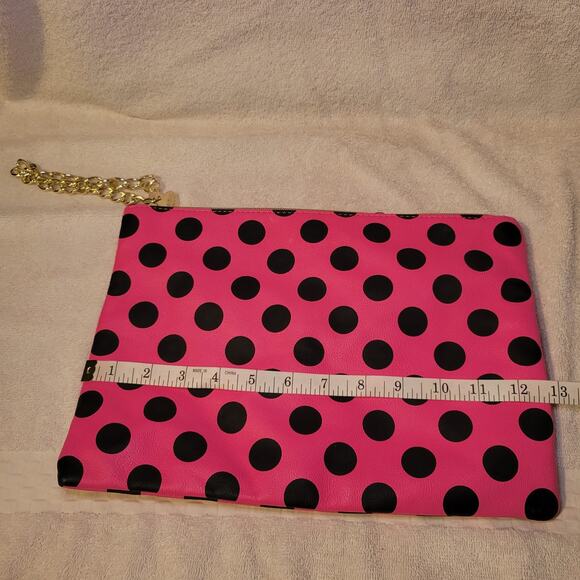 Betsey Johnson Pink Black Polka Dot Clutch Bag Faux Leather Gold Tone Wristlet - Picture 5 of 7